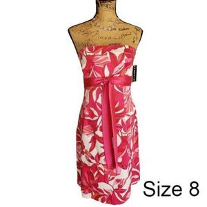 Women's Strapless Dress 8 Chic Pink Floral Sweetheart Midi A-Line Dress Sz 8 NWT